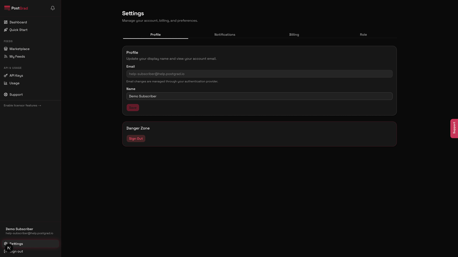 The Settings page with the Delete account section at the bottom, marked as a destructive action.