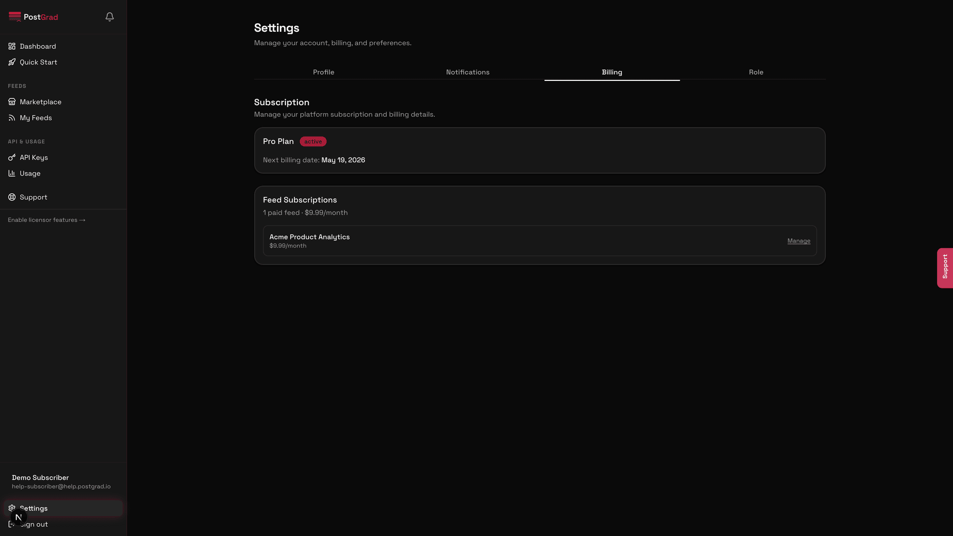 The Billing page in the dashboard showing the current plan, next invoice date, and Change plan button.