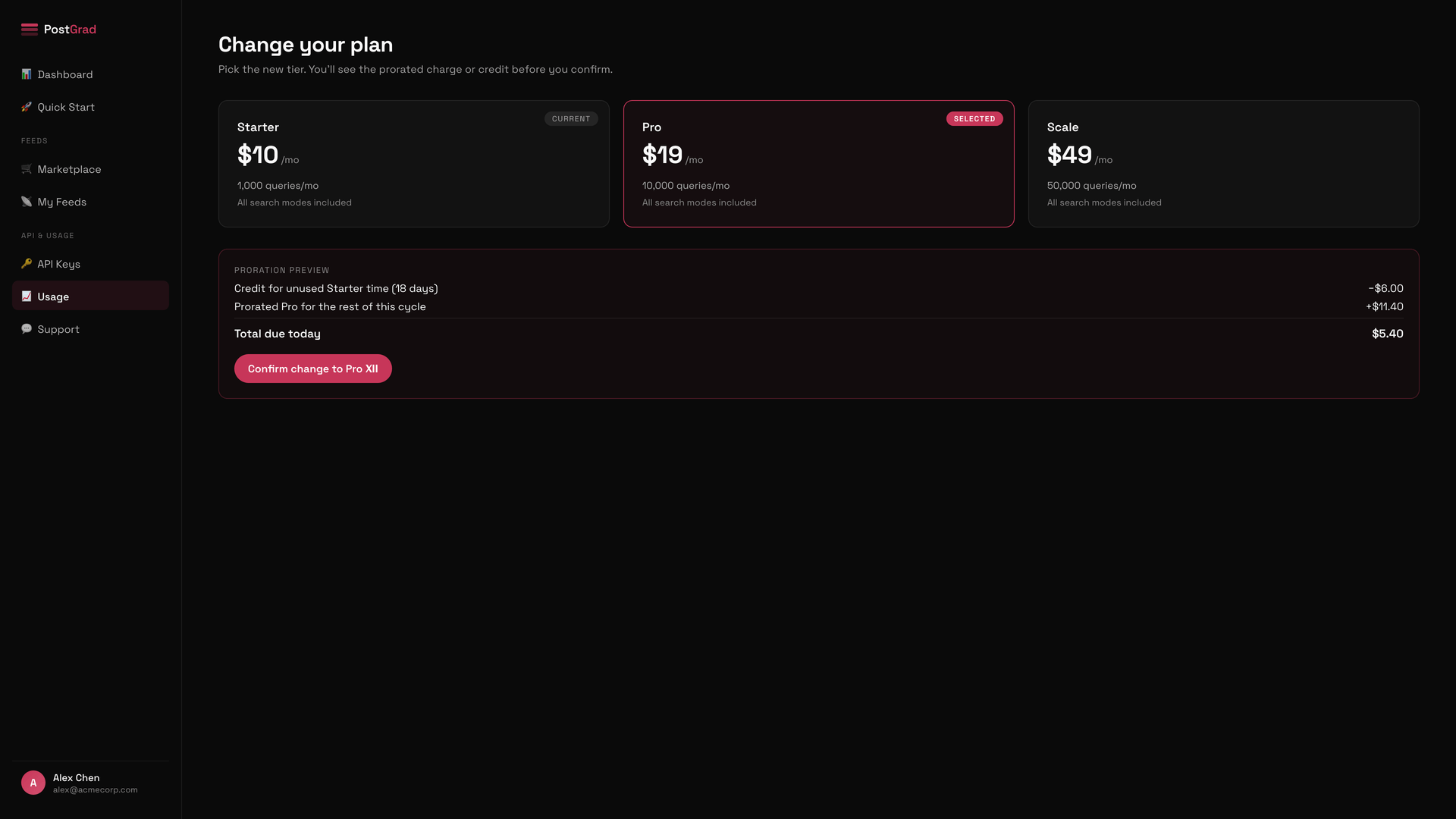 The Change plan dialog with a new tier selected, showing a proration preview for the remainder of the current billing cycle.