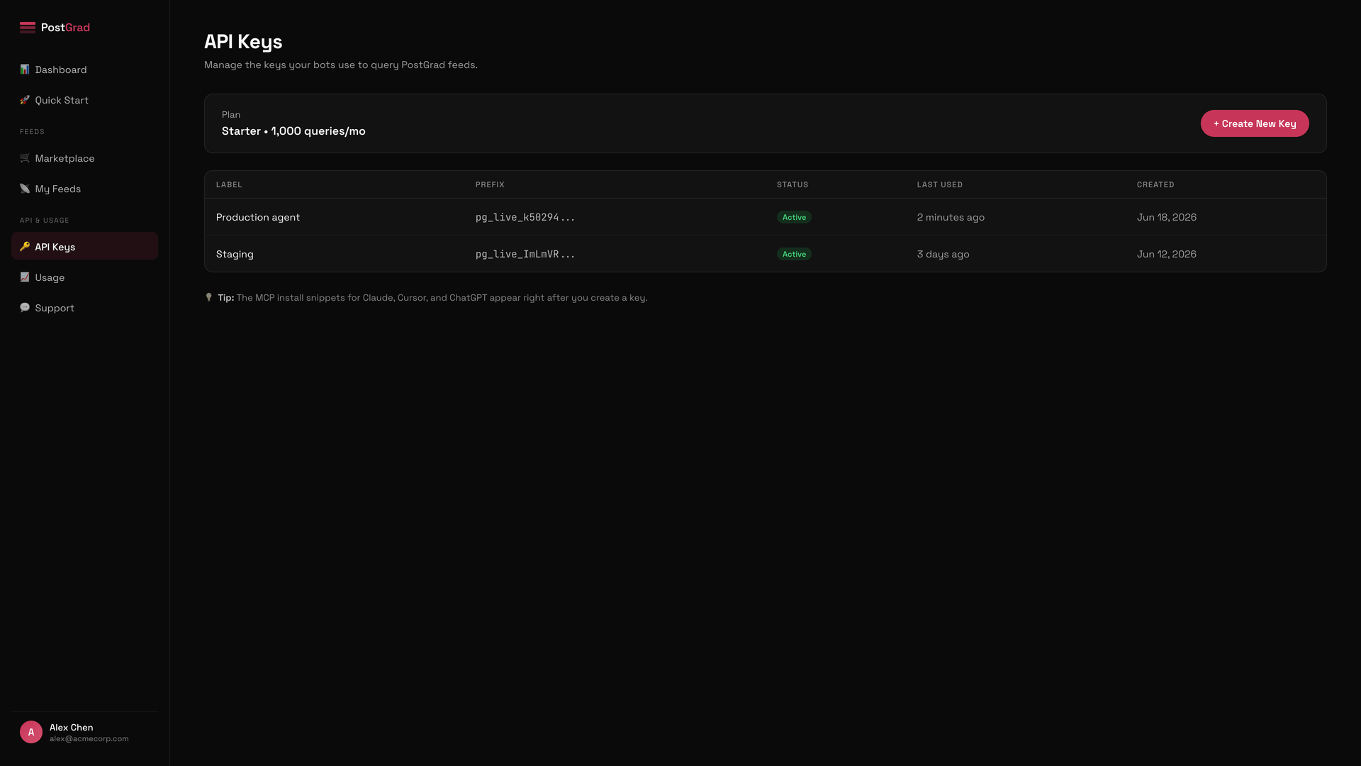 The Integrations page in the PostGrad dashboard, showing the MCP server URL and the client configuration snippets.