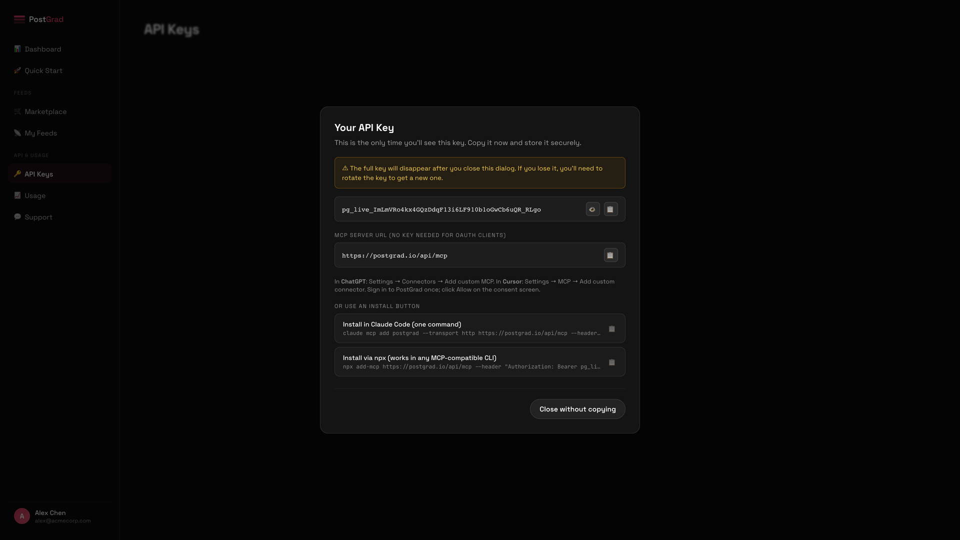The MCP server URL displayed in a code block with a copy button next to it.