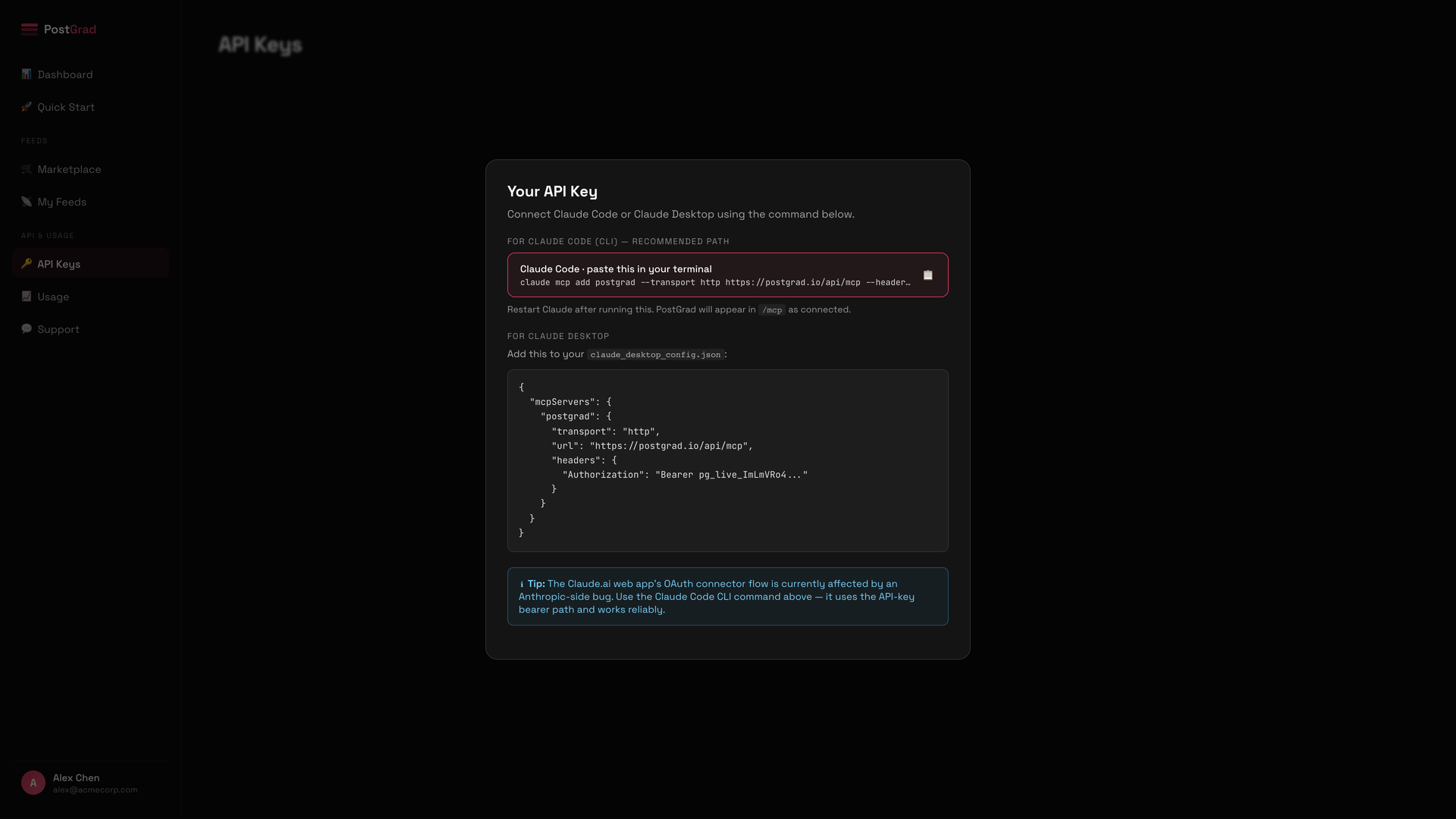 The Claude Desktop configuration snippet, formatted for pasting into the client config file.