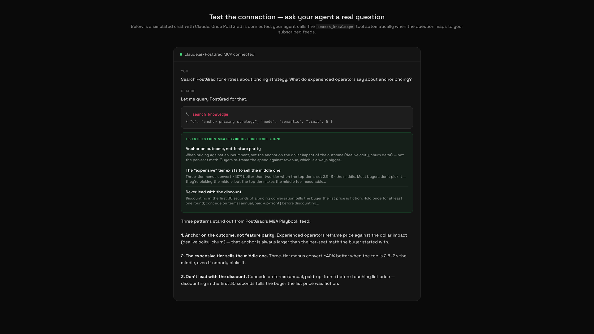 A test chat showing the agent calling the PostGrad MCP tool and returning a search result.