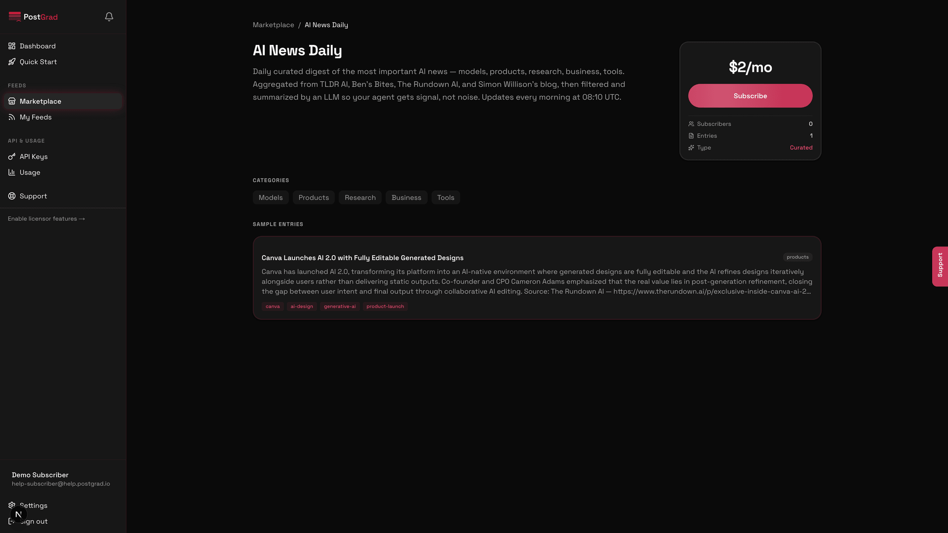 The AI News Daily detail page showing sample entries with paper titles, vendor announcements, and model-release notes.