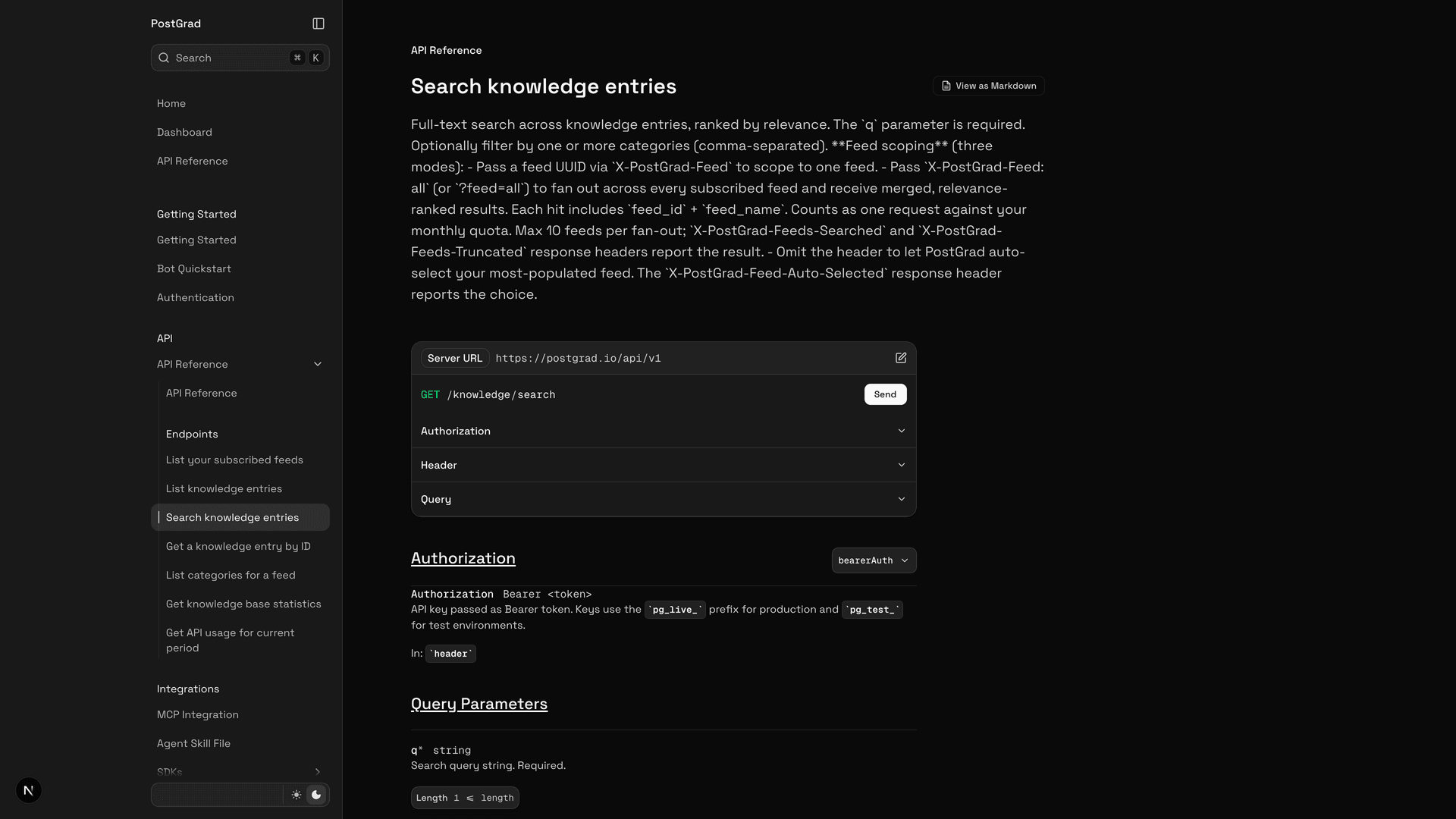 The API docs page listing the three core endpoints: search, list, stats.