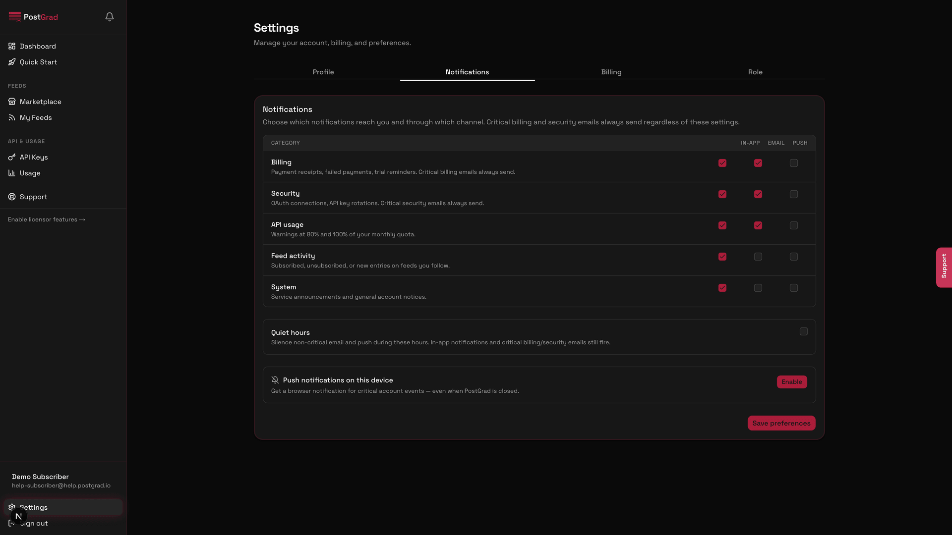 The Notifications tab showing individual toggles for Feed updates, Billing, Usage thresholds, and System announcements.