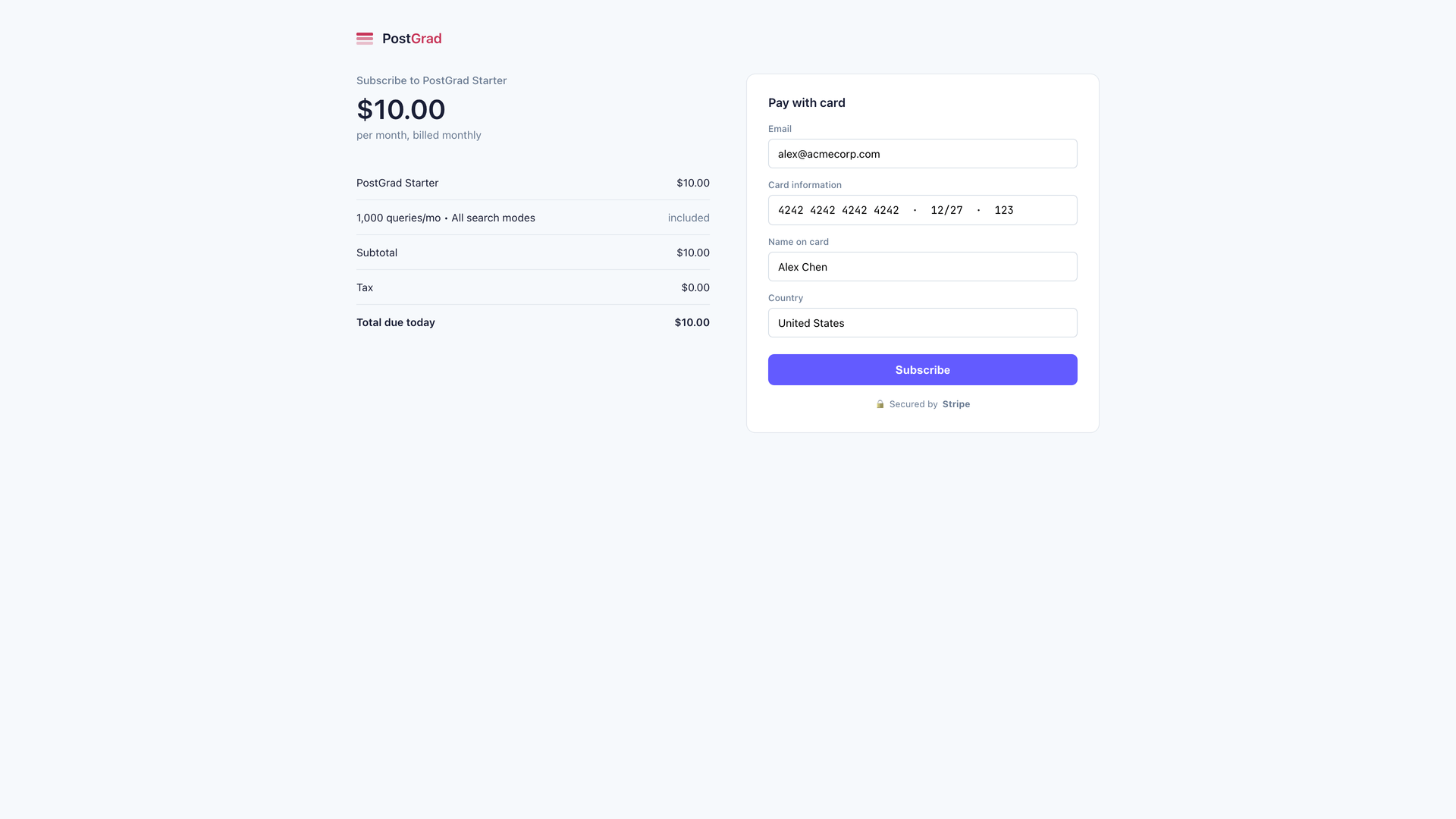 The login page, shown as the landing point after Stripe Checkout redirects the subscriber back to PostGrad.