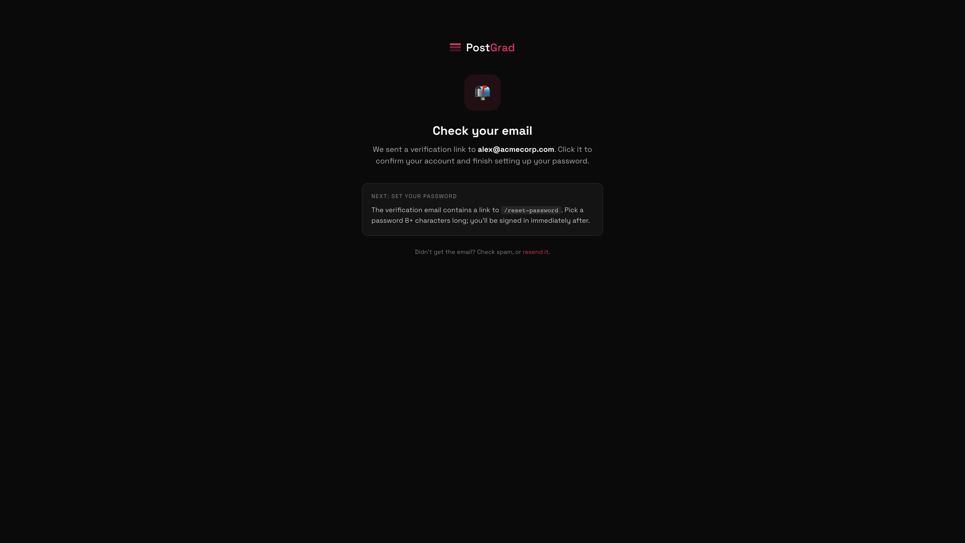 The signup page showing email and password fields, with email locked because it came from a completed checkout session.