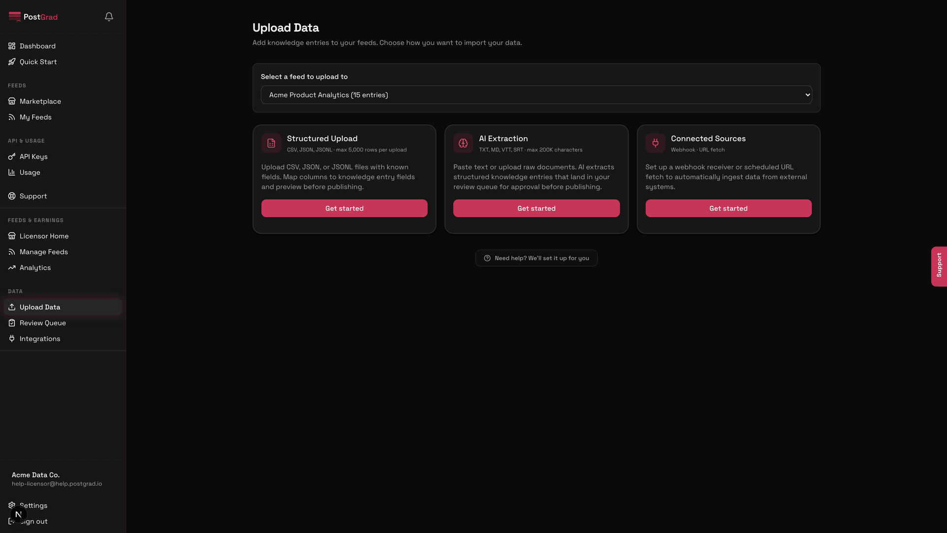 The Upload landing page showing three cards: paste raw text, upload structured CSV, and connect a source.