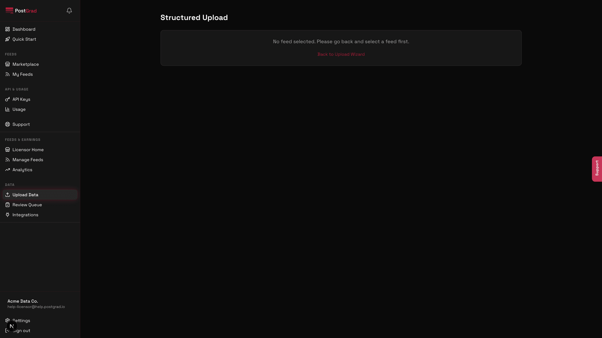 The CSV upload screen showing a drag-drop zone, a file-format spec, and a sample CSV row.